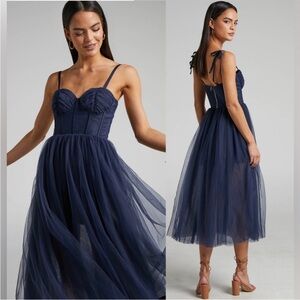 NWT Showpo Aisha Bustier Bodice Tulle Midi Dress in Navy US 6